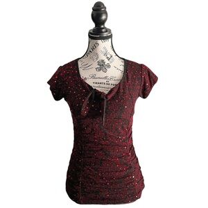 Y2K Red & Black Baroque Lace Mesh Sequin Top | Gothic Party Blouse | XS